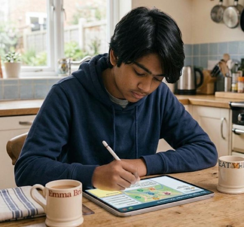 A teenage boy concentrating, writing with a stylus on a tablet