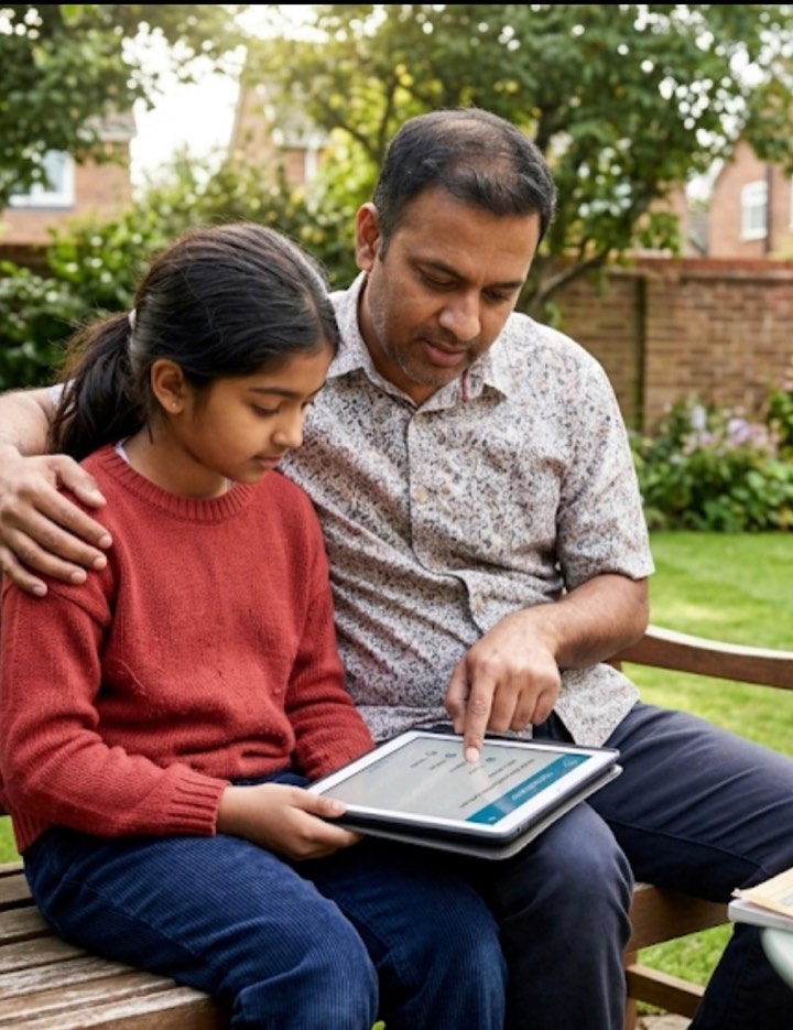 A father and daughter looking at the learning app together on a garden bench
