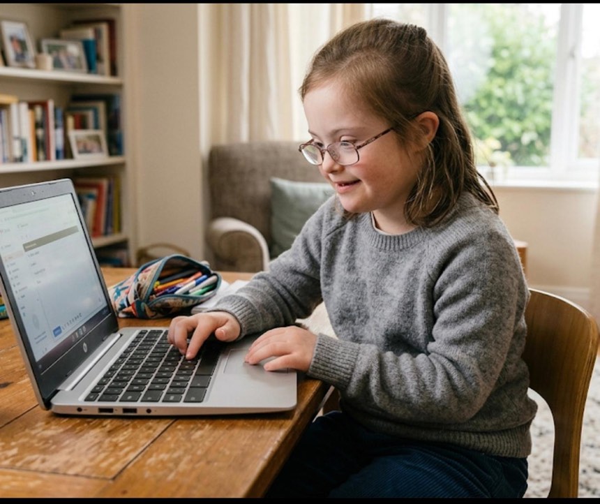 A smiling girl with Down syndrome using the learning app on a laptop at home